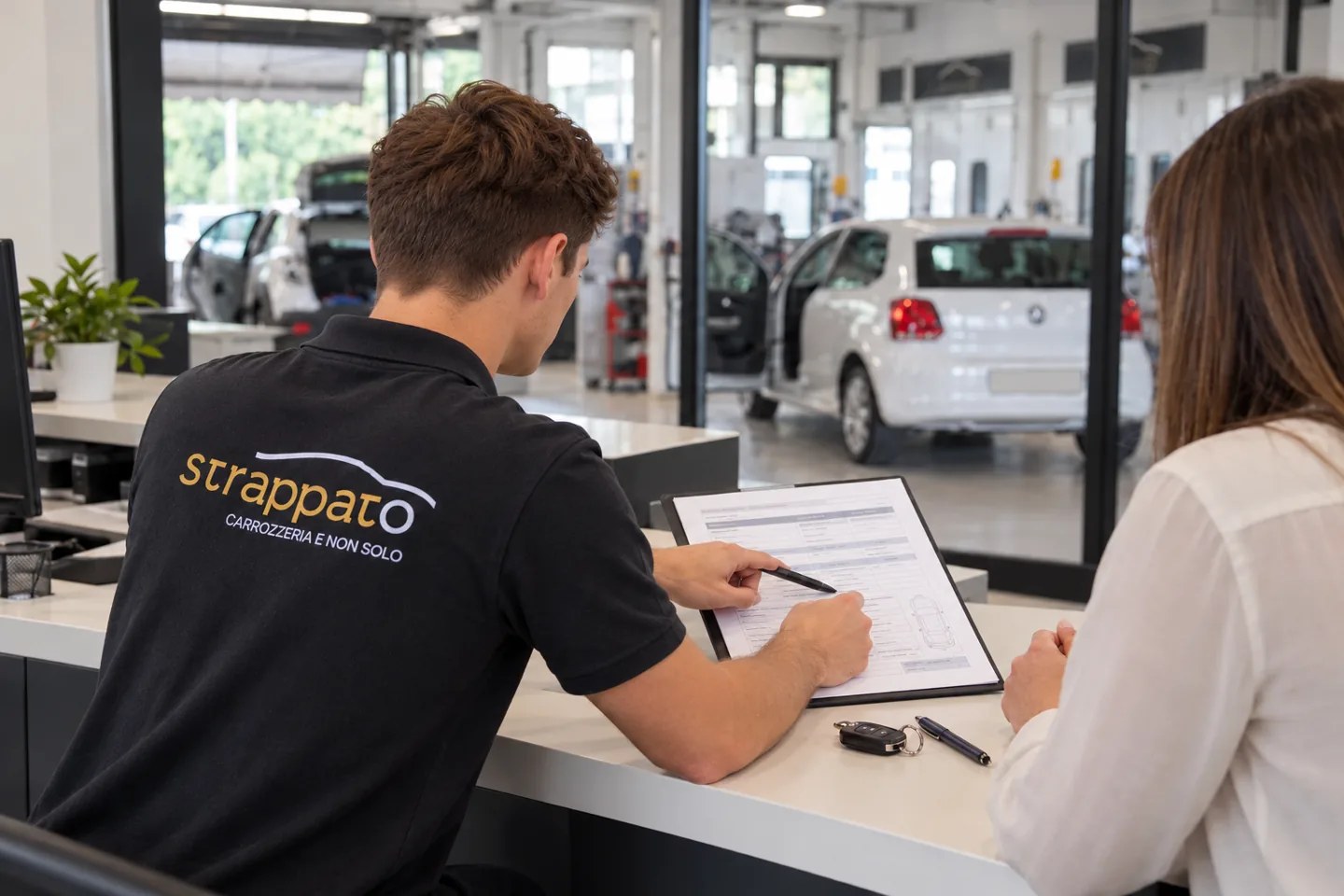 Consulenza su una polizza auto alla reception dell’officina