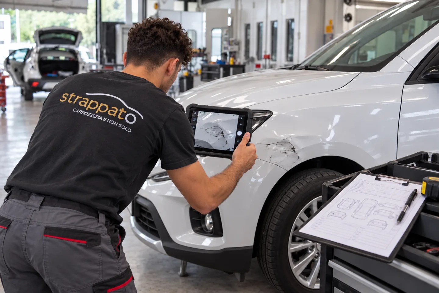 Operatore che documenta un danno alla carrozzeria con un tablet